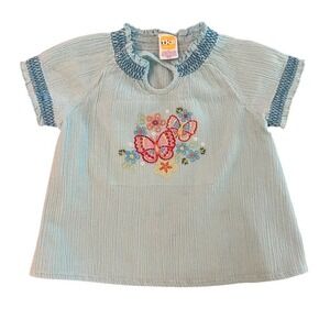 Vintage TKS Girls Blue Embroidered‎ Butterfly Floral Blouse Size 4 Short Sleeve
